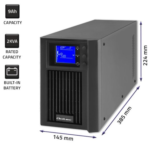 Qoltec Zasilacz awaryjny UPS On-line | Pure Sine Wave | 2kVA | 1.6kW | LCD | USB