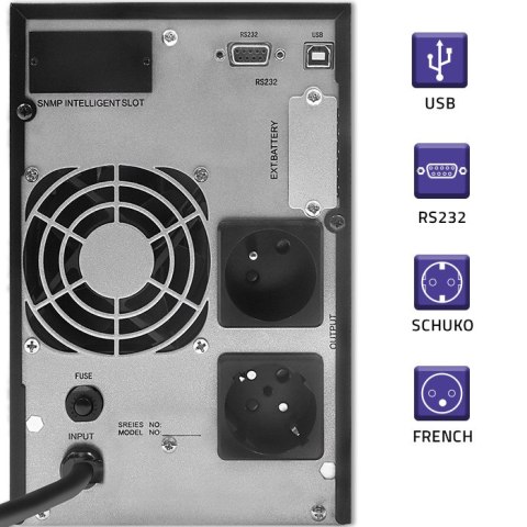 Qoltec Zasilacz awaryjny UPS On-line | Pure Sine Wave | 2kVA | 1.6kW | LCD | USB