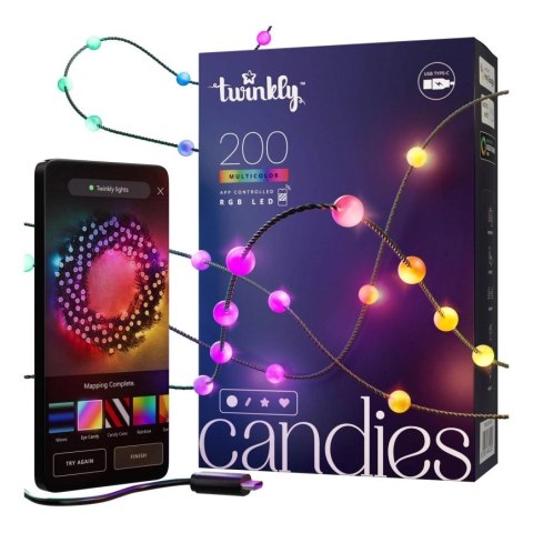 Twinkly Candies - 200 Lampki w kształcie pereł RGB LEDs, zielony przewód, USB-C