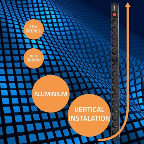 Qoltec Aluminiowa Listwa zasilająca PDU do RACK | 16A | 16 x FRENCH | Pionowa | 1.8m