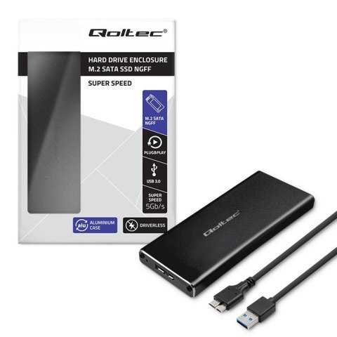 Qoltec Aluminiowa Obudowa | Kieszeń na dysk M.2 SSD | SATA | NGFF | USB 3.0 | Super speed 5Gb/s | 2TB | Czarny