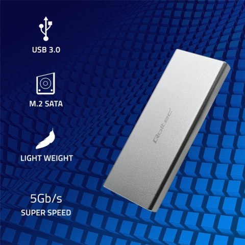 Qoltec Aluminiowa Obudowa | Kieszeń na dysk M.2 SSD | SATA | NGFF | USB 3.0 | Super speed 5Gb/s | 2TB | Srebrny