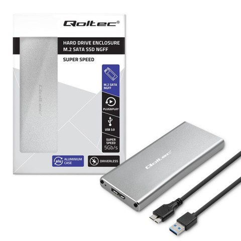 Qoltec Aluminiowa Obudowa | Kieszeń na dysk M.2 SSD | SATA | NGFF | USB 3.0 | Super speed 5Gb/s | 2TB | Srebrny