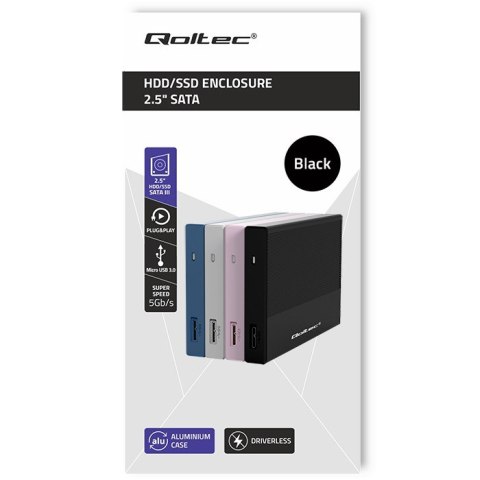 Qoltec Aluminiowa Obudowa | Kieszeń na dysk SSD HDD 2.5" | SATA | USB 3.0 | Super speed 5Gb/s | 2TB | Czarny