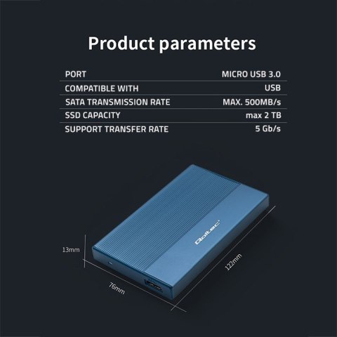 Qoltec Aluminiowa Obudowa | Kieszeń na dysk SSD HDD 2.5" | SATA | USB 3.0 | Super speed 5Gb/s | 2TB | Niebieski