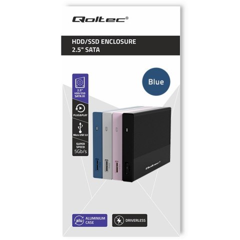 Qoltec Aluminiowa Obudowa | Kieszeń na dysk SSD HDD 2.5" | SATA | USB 3.0 | Super speed 5Gb/s | 2TB | Niebieski