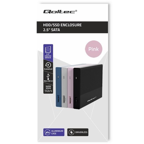 Qoltec Aluminiowa Obudowa | Kieszeń na dysk SSD HDD 2.5" | SATA | USB 3.0 | Super speed 5Gb/s | 2TB | Różowy