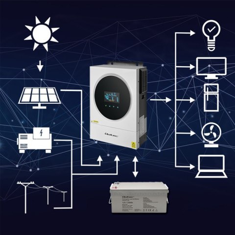 Qoltec Hybrydowy inwerter solarny Off-Grid 4kVA| 4kW | 120A | MPPT | LCD | Wi-Fi | BMS | Sinus