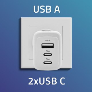 Qoltec Ładowarka sieciowa 65W GaN | 5-20V | 3-3.35A | 2 x USB-C PD | 1 x USB QC 3.0 | Biała