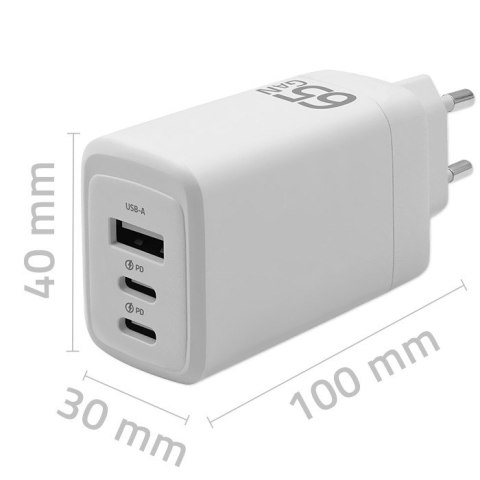 Qoltec Ładowarka sieciowa 65W GaN | 5-20V | 3-3.35A | 2 x USB-C PD | 1 x USB QC 3.0 | Biała