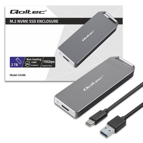 Qoltec Mini Aluminiowa Obudowa | Kieszeń na dysk M.2 SSD | NVMe | PCIe | USB 3.1 | Super speed 10Gb/s | 2TB | Srebrna