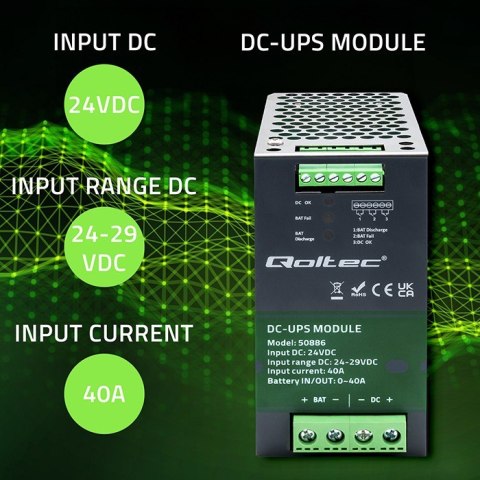 Qoltec Moduł UPS DC na szynę DIN | 40A | 24V