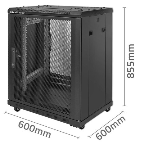 Qoltec Szafa RACK 19" | 15U | 600 x 855 x 600 | Perforowane drzwi | Stojąca | Nóżki + Kółka | Stalowa obudowa | Zamek