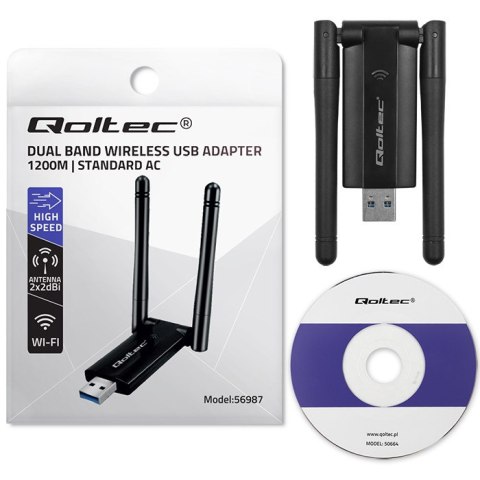 Qoltec Szybki bezprzewodowy Adapter USB DUAL Wi-Fi 2 x 2dBi | Standard AC | USB 3.0 | 1200Mbps