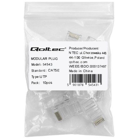 Qoltec Wtyk przelotowy złącze RJ45 | CAT5e | UTP | Pass Through | Pozłacane styki | 10 sztuk