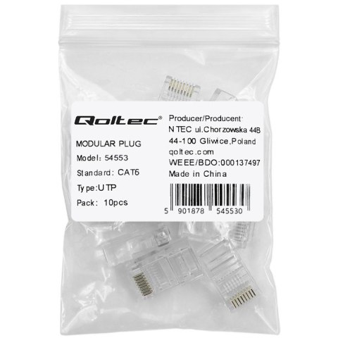 Qoltec Wtyk złącze modularne RJ45 | CAT6 | UTP | Pozłacane styki | 10 sztuk