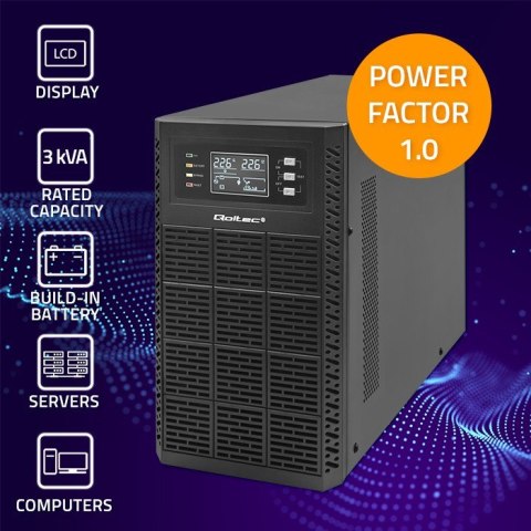 Qoltec Zasilacz awaryjny UPS | 3kVA | 3000W | Power Factor 1.0 | LCD | EPO | USB | On-line