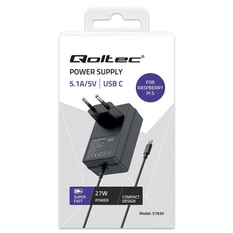 Qoltec Ładowarka Super FAST PD do Raspberry PI 5 | USB-C | 27W | 5.1V | 5A | Czarna