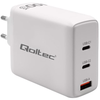 Qoltec Ładowarka sieciowa 100W GaN | 5-20V | 1.5-5A | 2 x USB-C PD | 1 x USB QC 3.0 | Biała