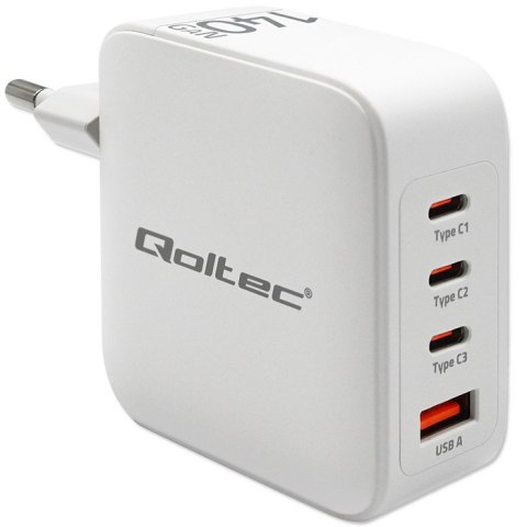 Qoltec Ładowarka sieciowa 140W GaN | 5-20V | 2.5-5A | 3 x USB-C PD | 1 x USB QC 3.0 | Biała