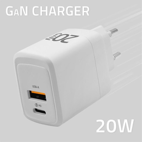 Qoltec Ładowarka sieciowa 20W GaN | 5-20V | 1.5-3A | 1 x USB-C PD | 1 x USB QC 3.0 | Biała