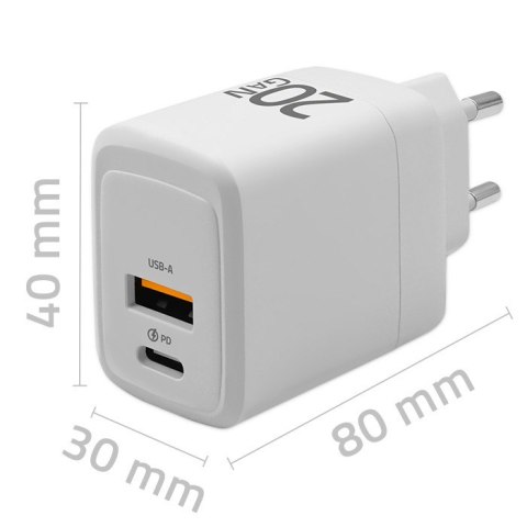 Qoltec Ładowarka sieciowa 20W GaN | 5-20V | 1.5-3A | 1 x USB-C PD | 1 x USB QC 3.0 | Biała