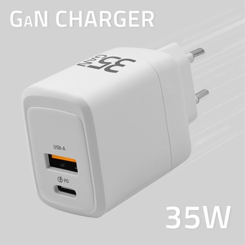 Qoltec Ładowarka sieciowa 35W GaN | 5-20V | 1.5-3A | 1 x USB-C PD | 1 x USB QC 3.0 | Biała