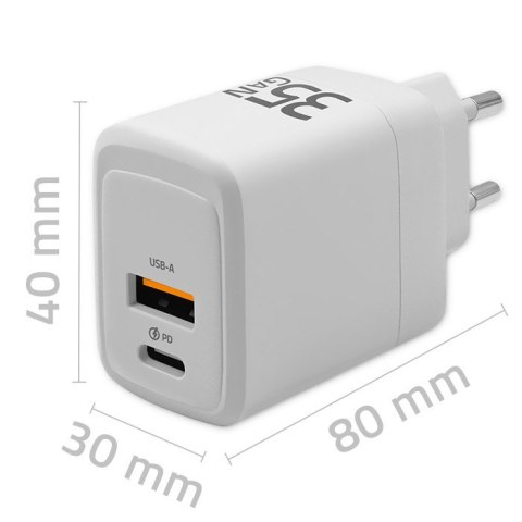 Qoltec Ładowarka sieciowa 35W GaN | 5-20V | 1.5-3A | 1 x USB-C PD | 1 x USB QC 3.0 | Biała