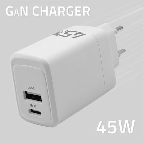 Qoltec Ładowarka sieciowa 45W GaN | 5-20V | 1.5-3A | 1 x USB-C PD | 1 x USB QC 3.0 | Biała