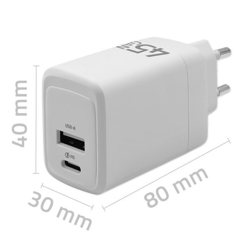 Qoltec Ładowarka sieciowa 45W GaN | 5-20V | 1.5-3A | 1 x USB-C PD | 1 x USB QC 3.0 | Biała