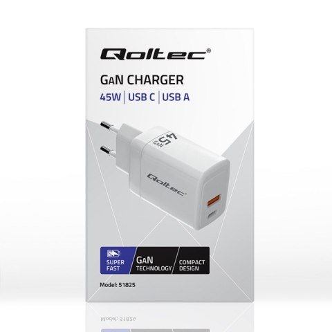 Qoltec Ładowarka sieciowa 45W GaN | 5-20V | 1.5-3A | 1 x USB-C PD | 1 x USB QC 3.0 | Biała