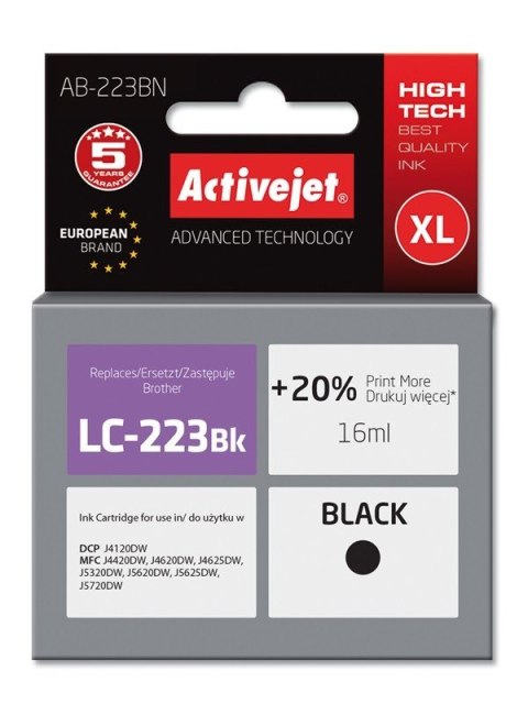 Activejet AB-223BN Tusz (zamiennik Brother LC223BK; Supreme; 16 ml; czarny)