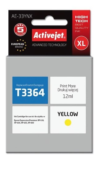 Activejet AE-33YNX Tusz (zamiennik Epson 33XL T3364; Supreme; 12 ml; żółty)