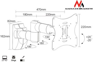 Uchwyt ścienny do monitora Maclean MC-503S (Obrotowy, ścienne, Uchylny; 23" - 42"; max. 30kg)