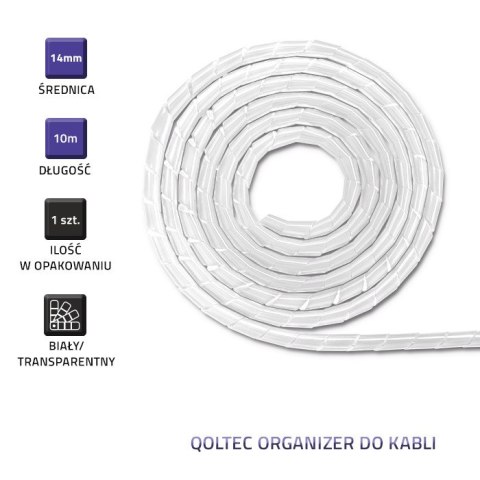 Qoltec Organizer do kabli 14mm | 10m | Biały/ transparentny