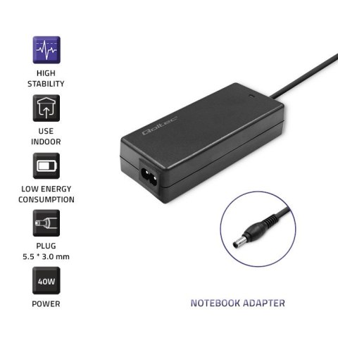 Qoltec Zasilacz do laptopa Samsung 40W | 19V | 2.1A | 5.5*3.0+pin | +kabel zasilający