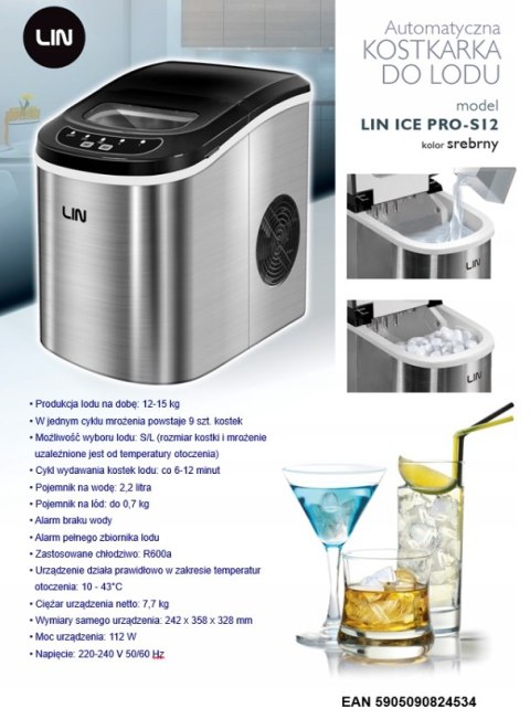 Kostkarka do lodu LIN ICE PRO-S12 srebrna